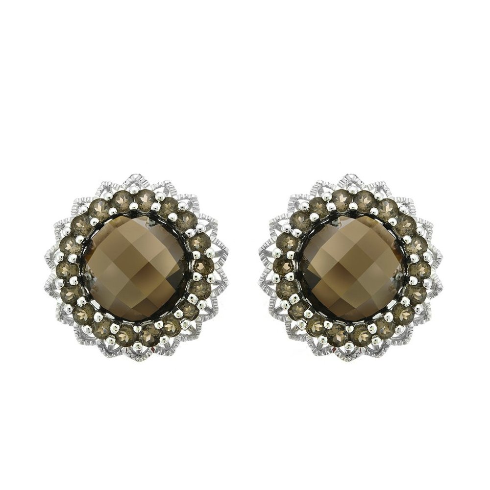 14k WG 9 Carat Round Smoky Topaz Flower Earrings